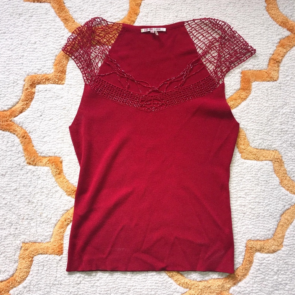 Red beaded cap sleeve sweater